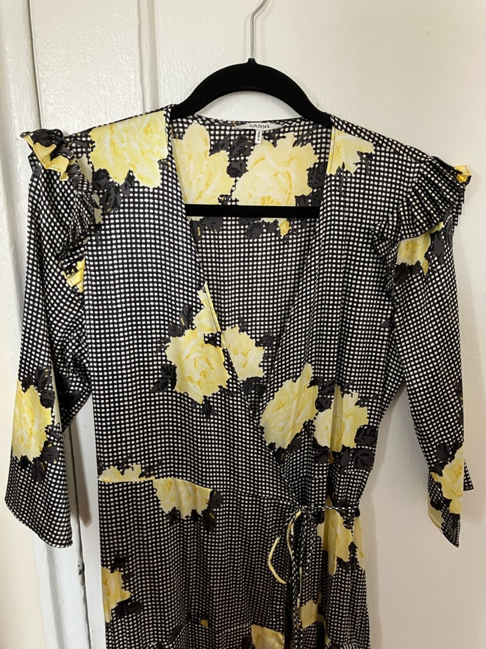 Ganni Silk Dress with Gingham and Yellow Floral Print